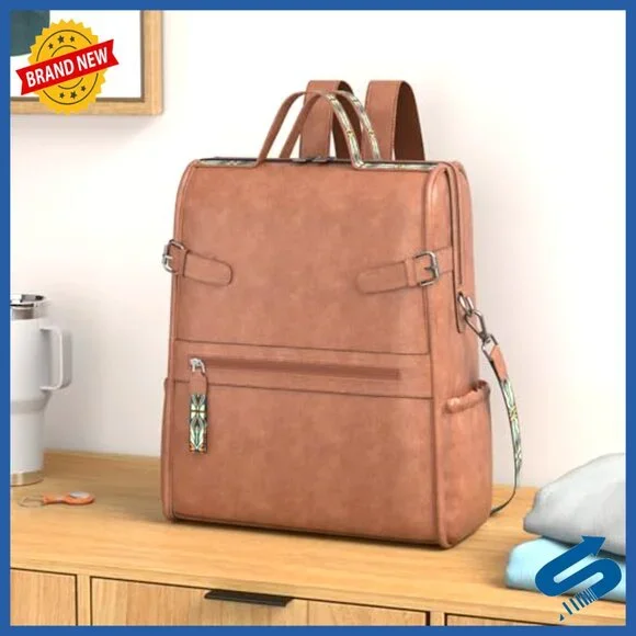 Leather Laptop Backpack Designer Work Travel Computer Bag Vegan Leather - Picture 2 of 6